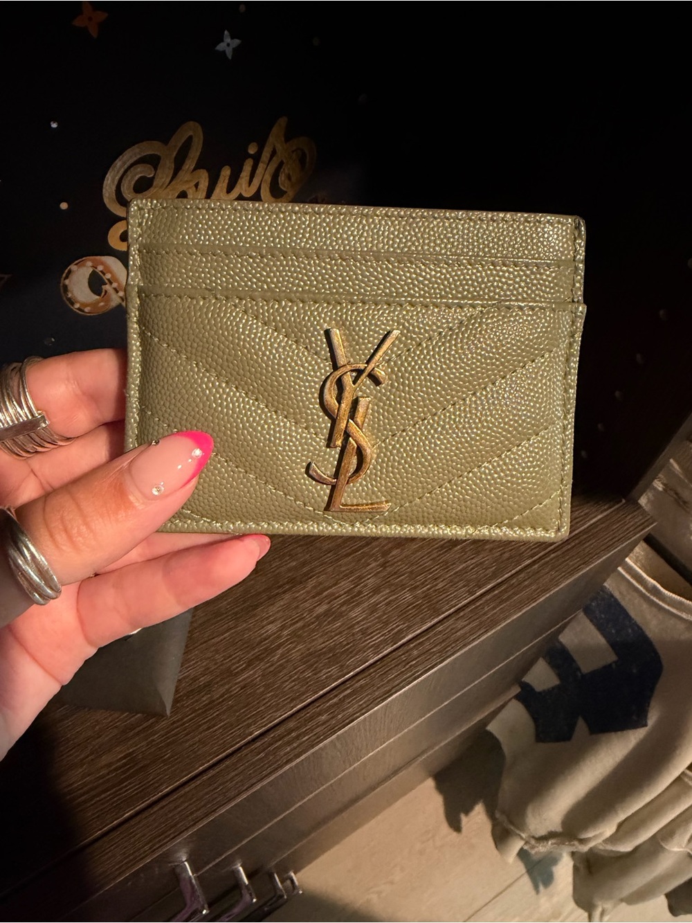 Saint Laurent Olive Green Quilted Card Holder with Gold YSL Emblem